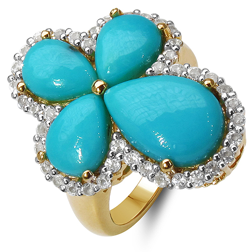 14K Yellow Gold Plated 6.31 Carat Genuine Turquoise & White Topaz .925 Sterling Silver Ring